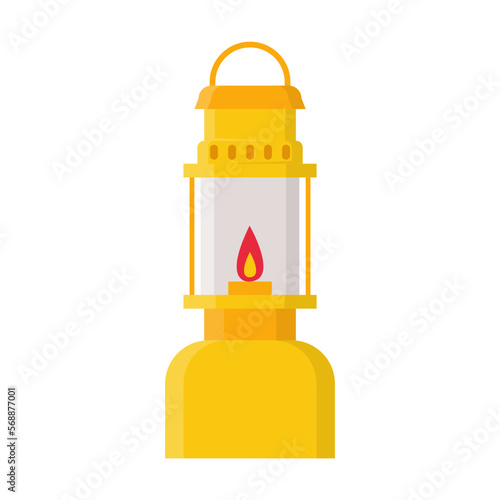 Yellow vintage kerosene lamp vector illustration. Old lantern with holder and lighting for miners or travelers on white background. Camping, traveling concept