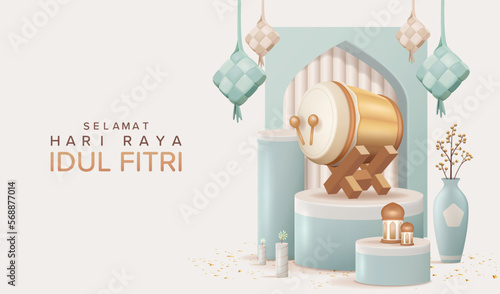 Translation : Happy Eid Mubarak Vector Illustration. 3D Realistic Bedug on Round Podium with Hanging Ketupat.