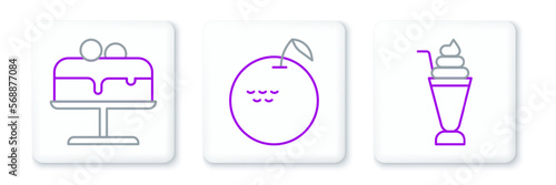 Set line Milkshake, Cake on plate and Apple icon. Vector