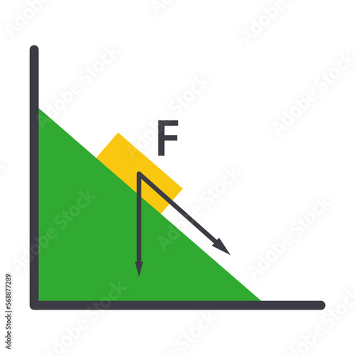 Rectangular object moving along inclined surface under influence of friction and sliding gravitational force. Mathematics graphics, scheme for experiments isolated on white background