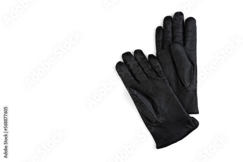 Black female leather gloves isolated on white background.