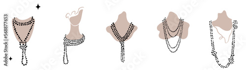 Necklace jewerly. Charleston Party. Gatsby style set. Vintage style.retro silhouette.1920 party vector background. Decoration treasure pearl. great twenties jazz art. Beauty  woman neck