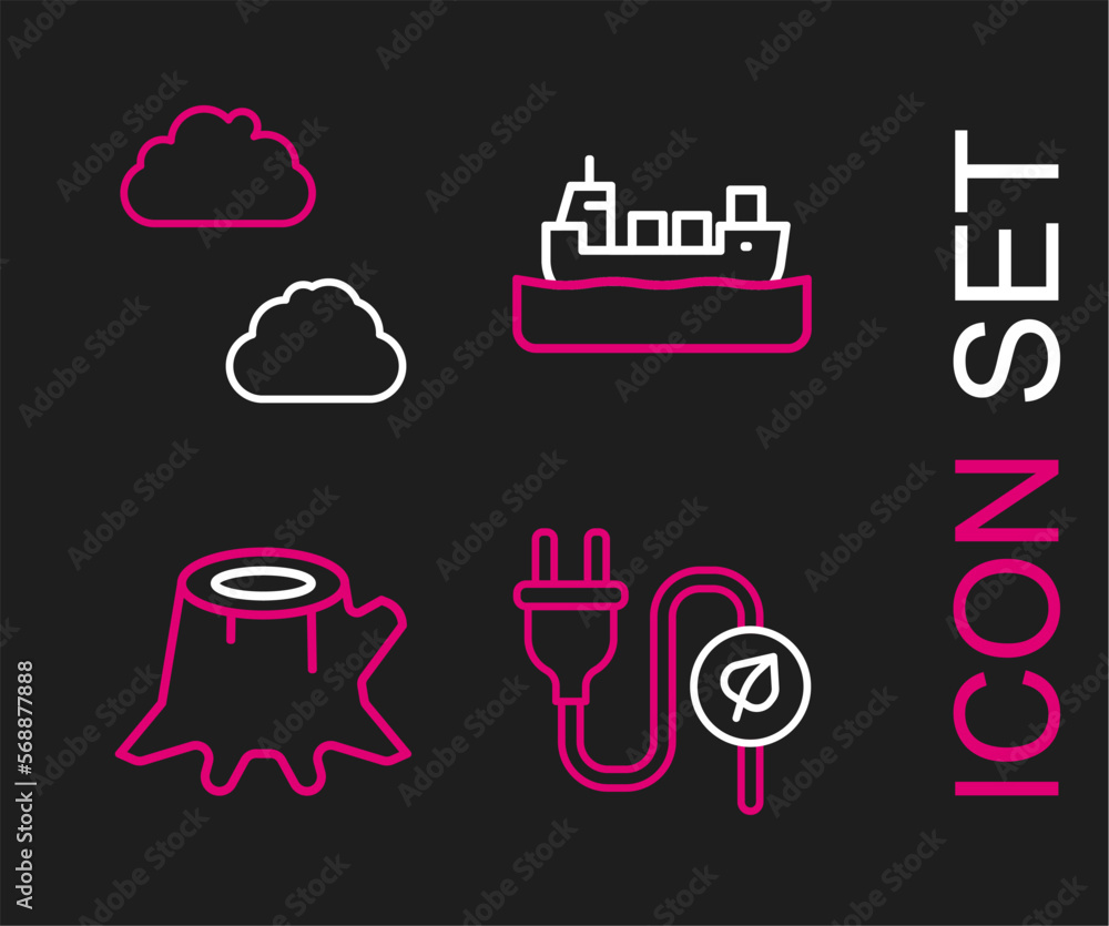 Set line Electric saving plug in leaf, Tree stump, Oil tanker ship and Cloud icon. Vector Set line Electric saving plug in leaf, Tree stump, Oil tanker ship and Cloud icon. Vector