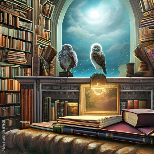 A surrealist library with enchanted books and a talking owl3, Generative AI photo