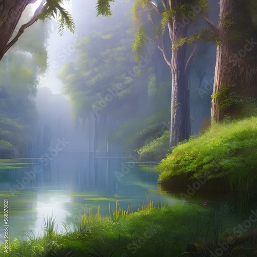 A surrealist park with overgrown plants and a misty lake1, Generative AI
