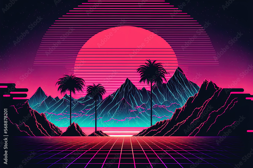 Generative AI, Retro style, nostalgic 80s, 90s. Night landscape, sunset ...
