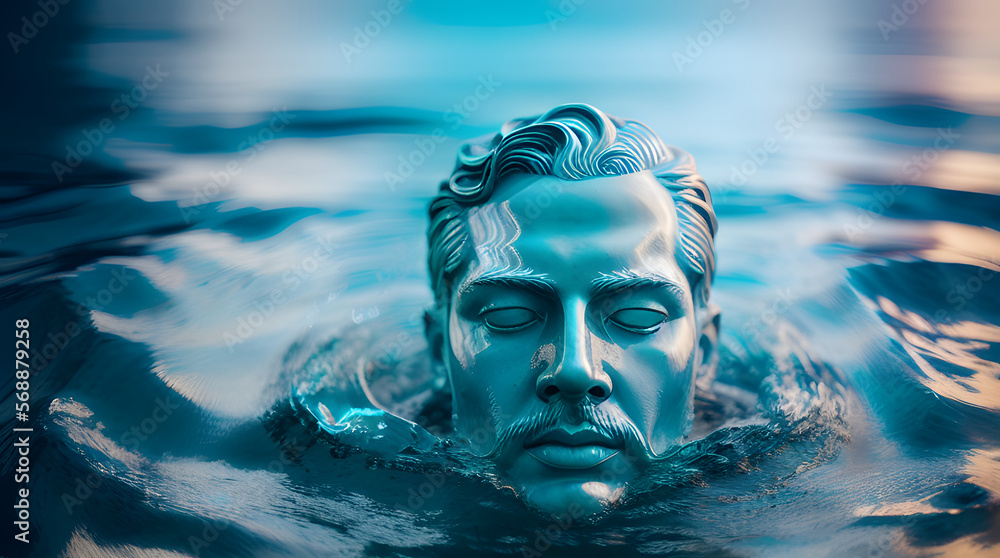 a water sculpture of a human head on the ocean water, water
