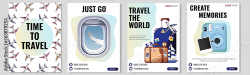 Travel social media post and web banner template design with blue accent. Set of web banner, flyer or poster for travel, tourism company, offer promotion.