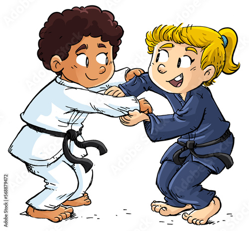 Illustration of two little girls doing judo