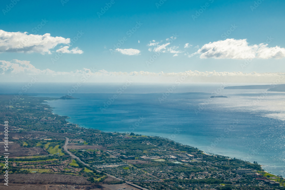 Aerial of Maui, HI Coastline on Sunny Day