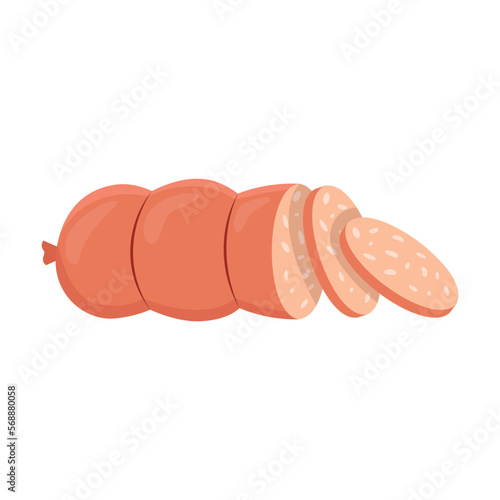 Cooked sausage vector illustration. Cartoon drawing of sliced cooked sausage isolated on white background. Food, meat, butchers shop concept