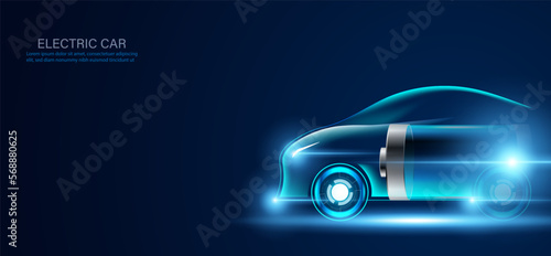 Abstract ev energy car clean energy modern technology concept car and battery On a modern blue background