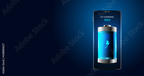 Abstract phone, battery charger, ev car, electric car on phone display. with blue battery On a blue background, technology, futuristic, modern.