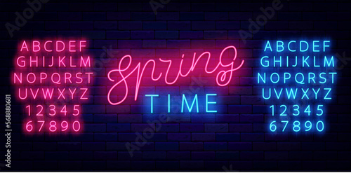 Spring time neon sign. Glowing lettering. Season evening. Light blue and pink alphabet. Vector stock illustration