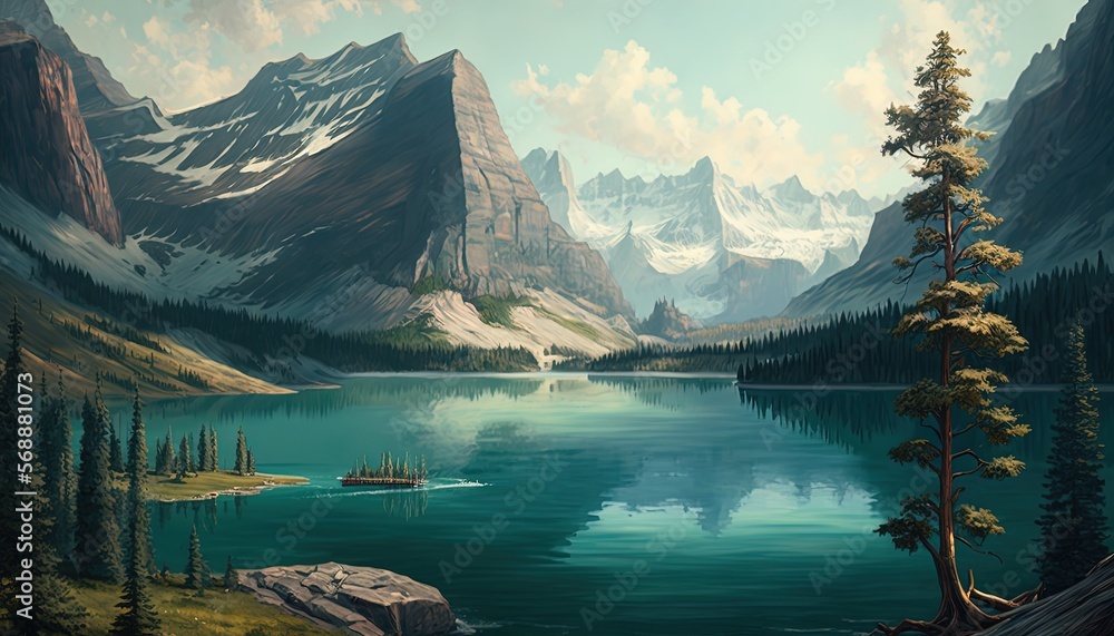 Glacier National Park. mountains in the backgrond, nice lake, trees, very detailed, generative artificial intelligence