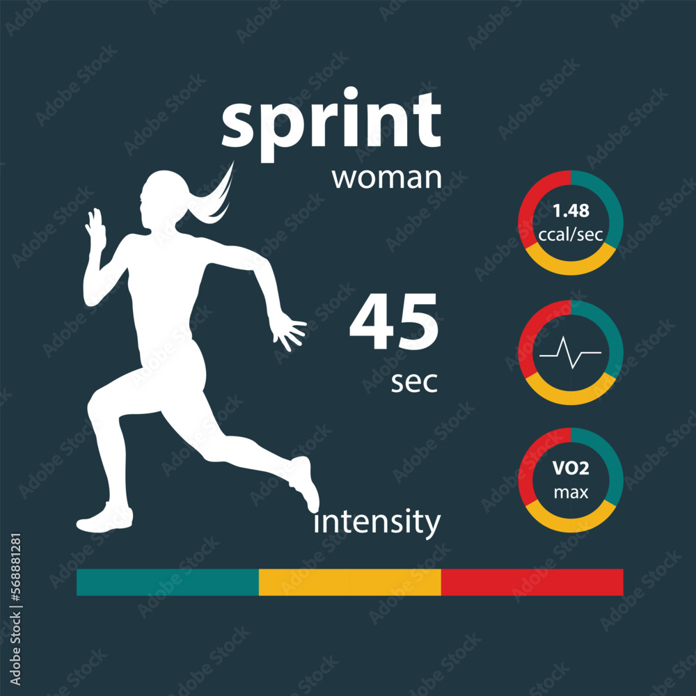Infographics woman running sprint: time, intensity, calories, heart rate, oxygen