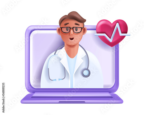 3D online doctor, telemedicine virtual consult concept, vector internet medical network laptop. Healthcare cardiologist video call, digital appointment meeting service. Online doctor remote diagnosis