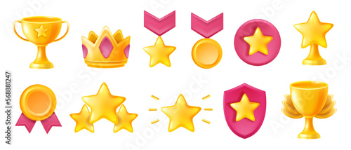 3D achievement icon set, vector professional quality sign, recognition gold medal award game badge. Ranking certificate, premium shield reward, trophy cup, competition crown. 3D achievement clipart