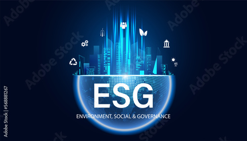 Abstract ESG concept Environment, Social, and Governance, illustrated idea global energy conservation and icons, people, wind turbines, bank, solar power and circular economy on blue