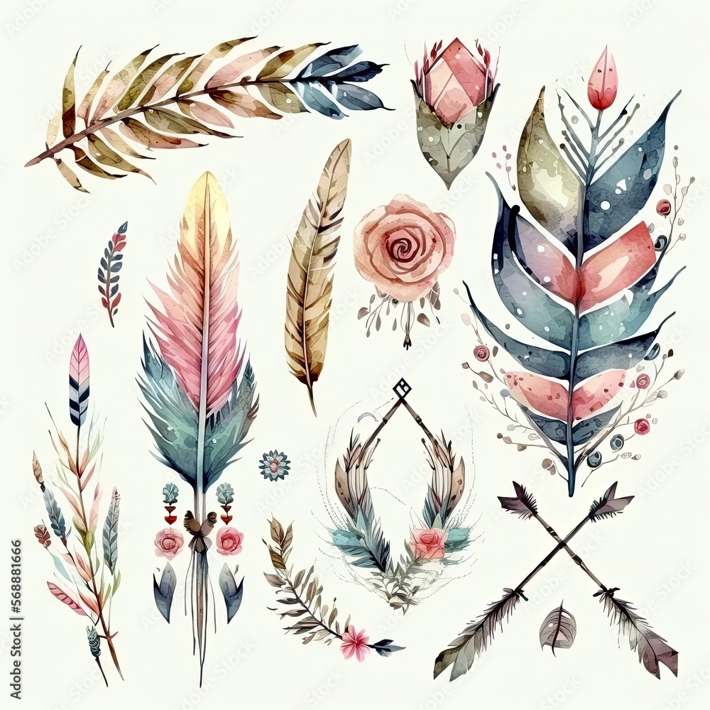 Watercolor ethnic boho set of arrows, feathers and flowers, native ...
