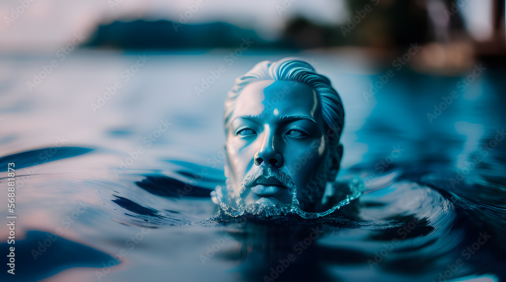 a water sculpture of a human head on the ocean water, water