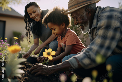 close-up shot of a family tending to their garden in their suburban neighborhood. The shot focuses on the hands of the family members as they plant flowers, prune bushes, and water their plants, AI