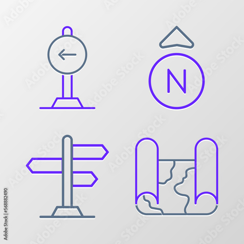 Set line Folded map, Road traffic sign, Compass and Traffic turn left icon. Vector © Oksana