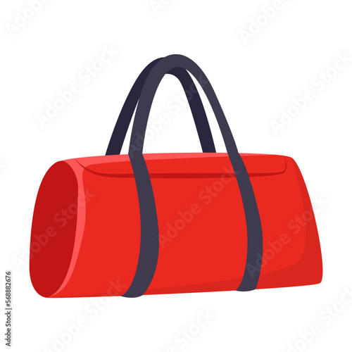 Red sports bag with handles vector illustration. Gym accessories, sport equipment isolated on white background. Fitness, sports, healthy lifestyle concept