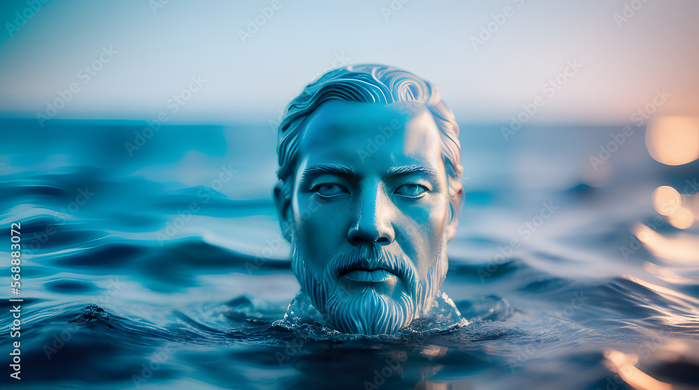 a water sculpture of a human head on the ocean water, water