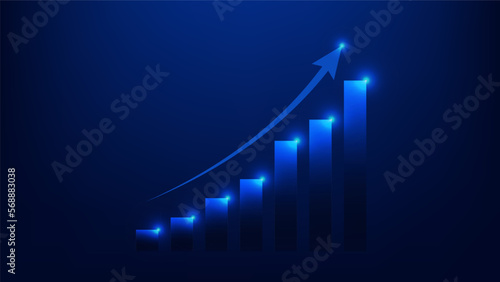 bar chart with uptrend arrow show growth of business performance and profit of investment on blue background
