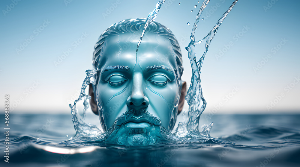 a water sculpture of a human head on the ocean water, water