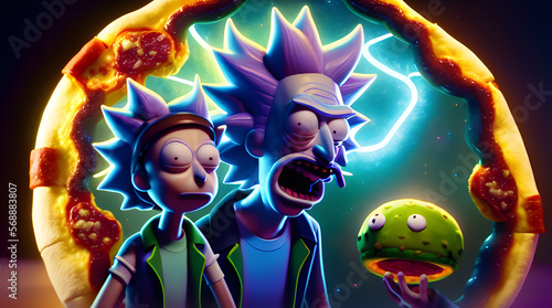 rick and morty in pizza universe 3d modelling neon digital art illustration