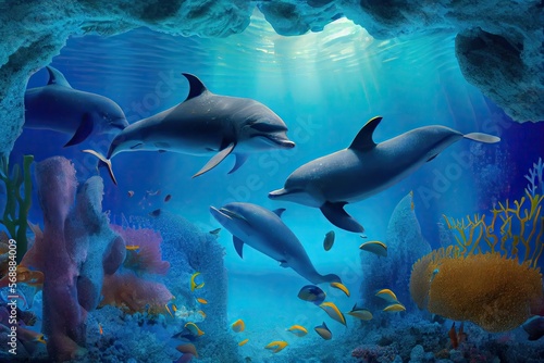 Dolphins and other fish underwater, water world generative ai illustration