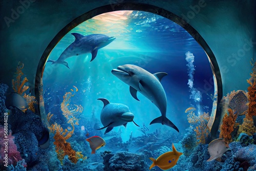Dolphins and other fish underwater, water world generative ai illustration