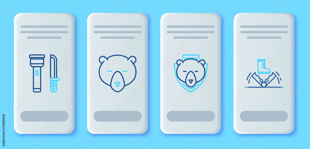 Set line Bear head, on shield, Flashlight and knife and Trap hunting icon. Vector