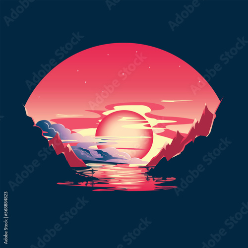 Night landscape with a red moon in the clouds which is reflected in the water against the background of mountains. Horizontal vector illustration.