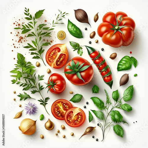 Tomatoes, basil, spices, chili peppers, onions, garlic. Vegan diet food, creative composition isolated on white. Fresh basil, herbs, tomato mockup, cooking concept, top view.Generative AI.