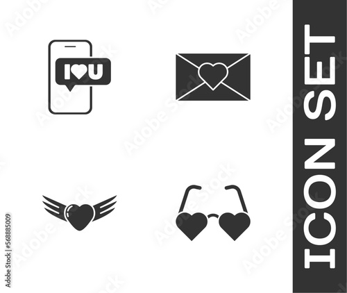 Set Heart shaped love glasses, Mobile with heart, wings and Envelope Valentine icon. Vector