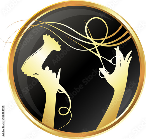 Golden scissors and hair dryer in the hands of a stylist. Round badge with golden edge. Hair salon and beauty salon design