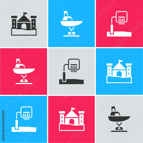 Set Sand castle, Swing boat and Basketball backboard icon. Vector