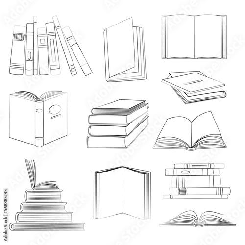 Books linear sketch symbols set. Stack, opened and closed books isolated icons set on white background. Library and bookstore elements in a flat style. Jpeg