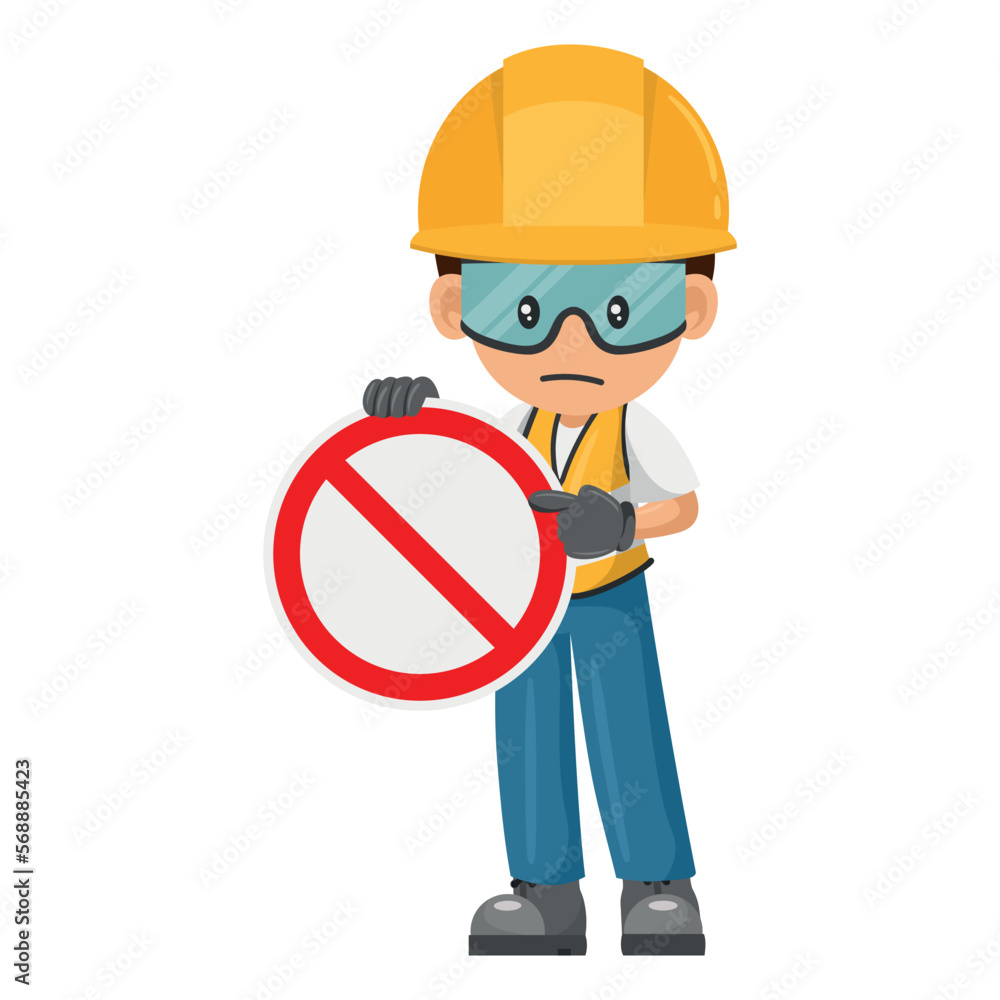 Industrial worker with prohibited sign. Worker with his personal protective equipment. Industrial safety and occupational health at work Industrial worker with prohibited sign. Worker with his personal protective equipment. Industrial safety and occupational health at work
