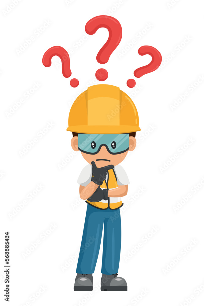Industrial construction worker pensive and expressing doubt with question sign for FAQ concept. Industrial safety and occupational health at work