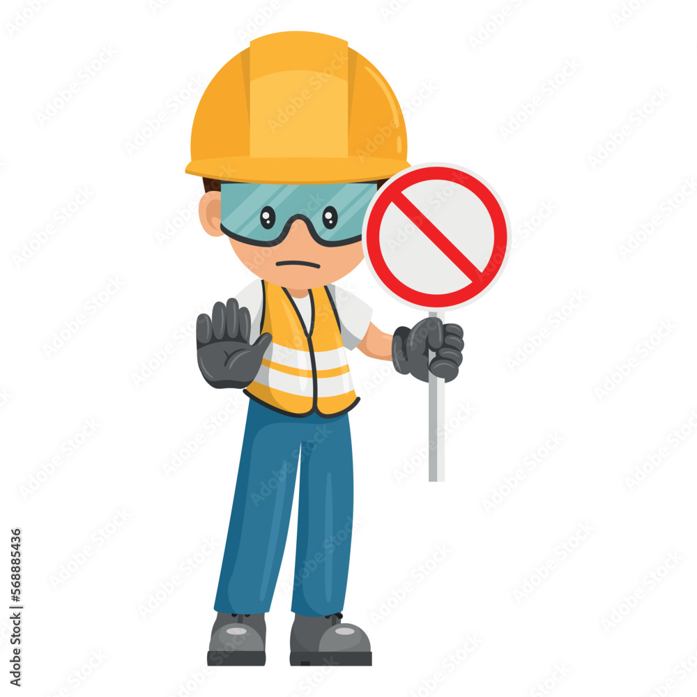 Industrial worker with prohibited sign making a stop sign. Worker with his personal protective equipment. Industrial safety and occupational health at work Industrial worker with prohibited sign making a stop sign. Worker with his personal protective equipment. Industrial safety and occupational health at work
