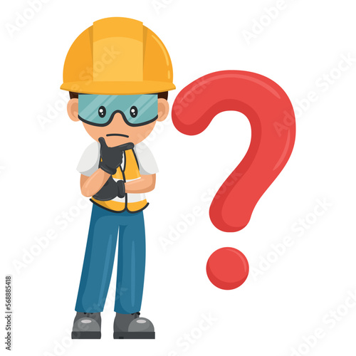 Industrial worker pensive and expressing doubt with giant question sign for FAQ concept. Industrial safety and occupational health at work