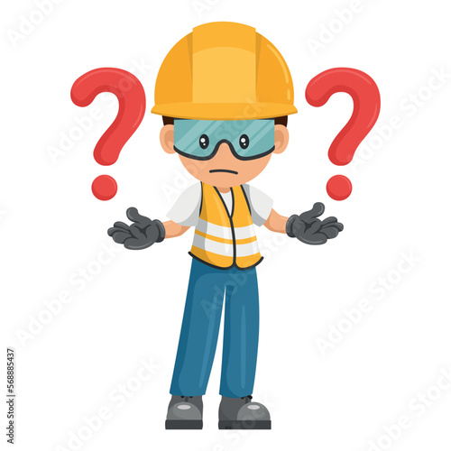 Industrial worker with giant question sign for FAQ concept. Industrial safety and occupational health at work