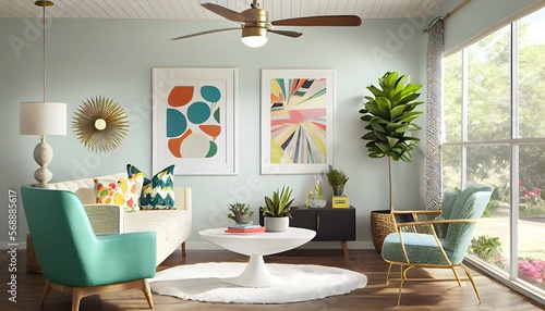 A bright and airy modern living featuring a rattan frame with a colorful tropical print bedspread, generative ai, a spinning ceiling fan, and an abstract art piece photo