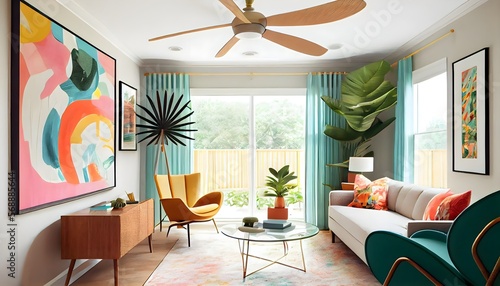 A bright and airy modern living featuring a rattan frame with a colorful tropical print bedspread, generative ai, a spinning ceiling fan, and an abstract art piece photo