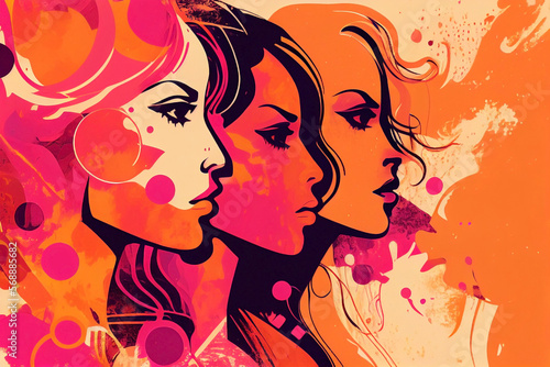 Three confident women looking straight ahead. Women rights day Wallpapers: feminism and Artistic abstract women backgrounds in black lines, orange and pink. International Women's Day. 3d rendering.