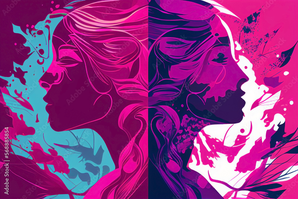 International Women's Day. Women rights day Wallpapers: feminism and Artistic abstract women backgrounds in pink and purple colors. Picture divided in two. Two opposite women. 3d rendering. International Women's Day. Women rights day Wallpapers: feminism and Artistic abstract women backgrounds in pink and purple colors. Picture divided in two. Two opposite women. 3d rendering.